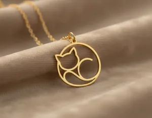Cat Pendant Necklace: Minimalist Sleeping Cat in Gold Plated Silver – 1