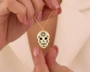 Sugar Skull Necklace: Day of the Dead Gothic Pendant in Gold Plated Sterling Silver – 2