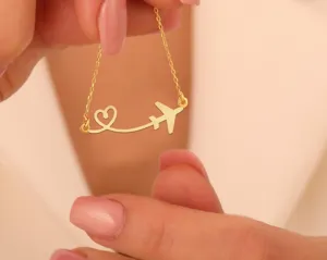 Airplane Necklace with Heart Design in Gold Plated Sterling Silver – 1