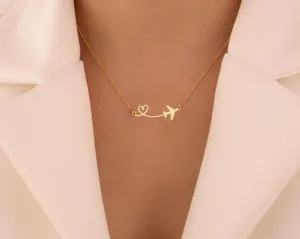 Airplane Necklace with Heart Design in Gold Plated Sterling Silver – 2