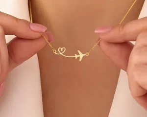 Airplane Necklace with Heart Design in Gold Plated Sterling Silver – 3