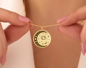 Cancer Zodiac Moon Phase Necklace in Gold Plated Sterling Silver – 1