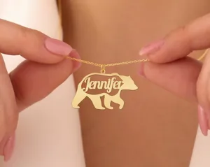 Bear Name Necklace: Personalized Animal Pendant in Gold Plated Silver – 1