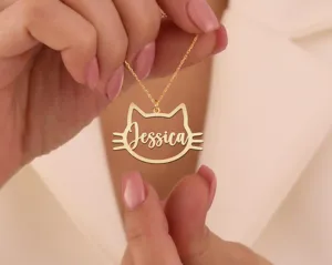 Custom Cat Name Necklace: Personalized Kitty Face Pendant in Script – 2