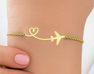 Travel Bracelet with Airplane and Heart in Gold Plated Sterling Silver – 1