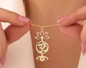 Spiritual Symbol Necklace: Custom Lotus, Om and Evil Eye Pendant – 1