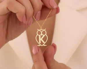 Owl Necklace – Custom Owl Initial Necklace – Personalized Letter Pendant – 1