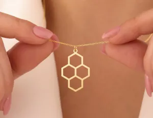 Honeycomb Pendant Necklace – Minimalist Gold Plated Honeycomb Charm – 1