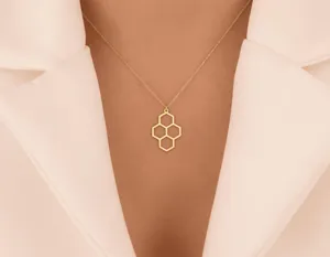 Honeycomb Pendant Necklace – Minimalist Gold Plated Honeycomb Charm – 2