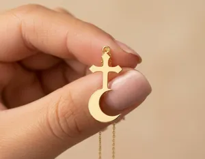 Cross and Crescent Moon Necklace – Gold Plated Faith Pendant – 2