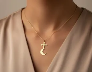 Cross and Crescent Moon Necklace – Gold Plated Faith Pendant – 1