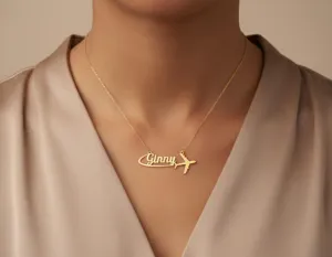Personalized Airplane Necklace – Travel Name Pendant in Gold Plated Silver – 1