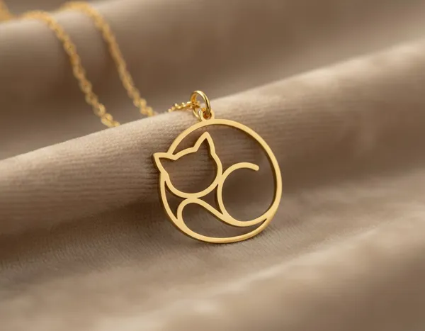 Cat Pendant Necklace: Minimalist Sleeping Cat in Gold Plated Silver