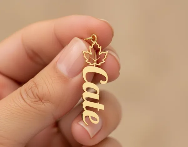 Personalized Name Necklace with Maple Leaf in Sterling Silver