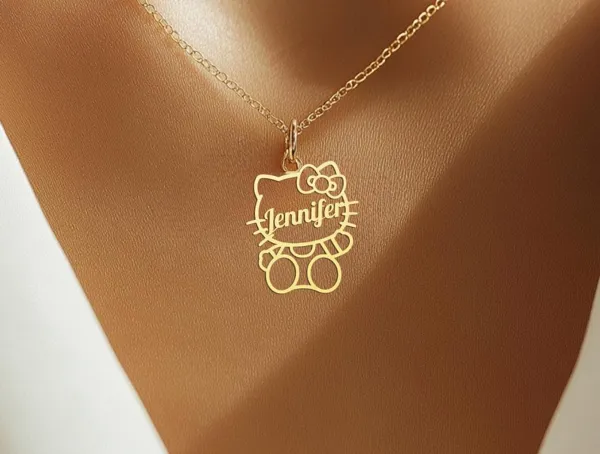 Personalized Kitty Name Necklace with Cat Bow Pendant in Sterling Silver