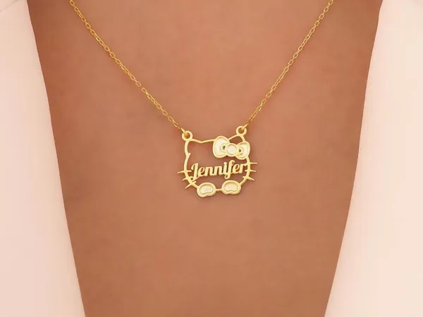 Custom Kitty Name Necklace with Bow – 925 Sterling Silver Cat Jewelry
