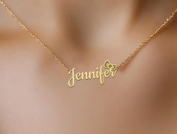 Personalized Name Necklace with Bow – Custom Gold Plated Pendant