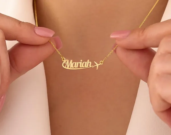 Custom Name Airplane Pendant Necklace in Gold Plated 925 Silver
