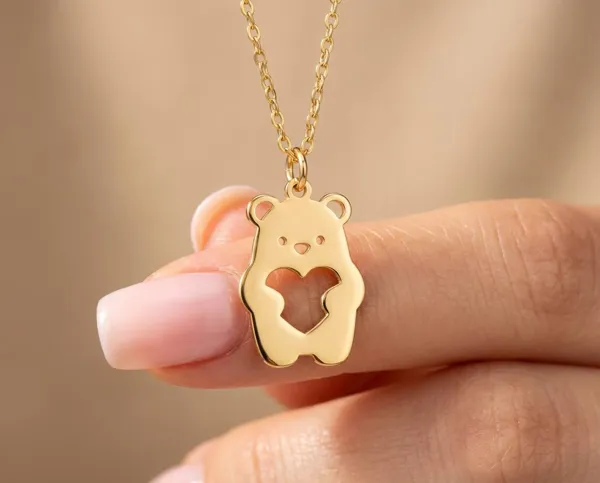 Bear Pendant Necklace with Heart Cutout in Gold, Rose Gold or Silver