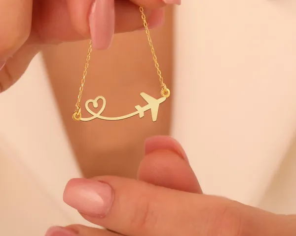 Airplane Necklace with Heart Design in Gold Plated Sterling Silver