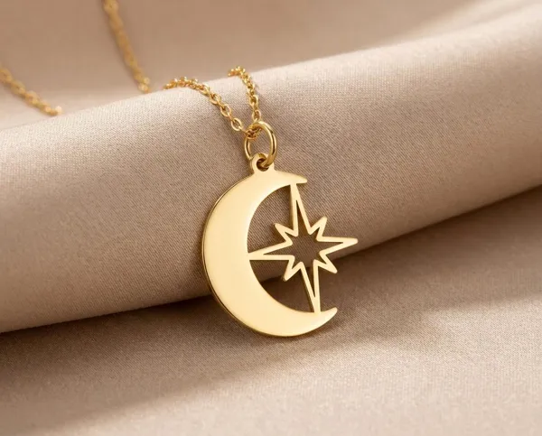 Moon and Star Pendant Necklace in 925 Sterling Silver