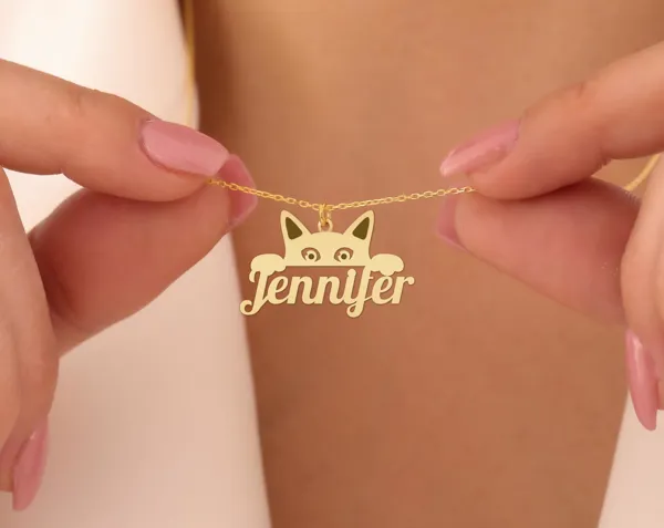 Peeking Cat Necklace - Cat Name Pendant in Gold Plated Silver
