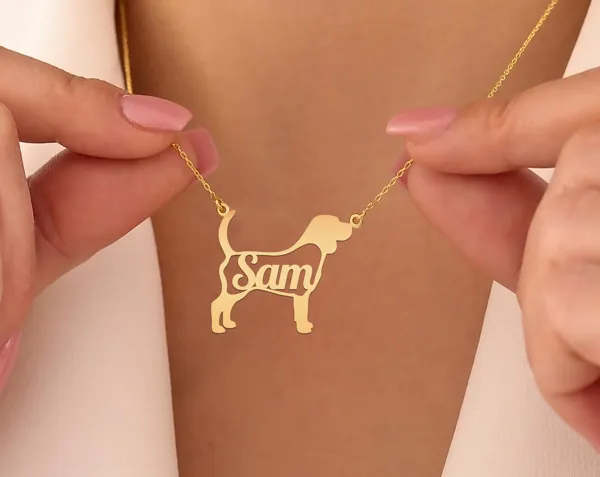 Personalized Beagle Name Necklace in Gold Plated Silver