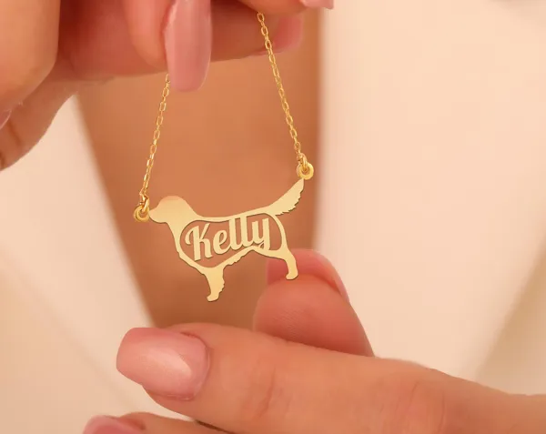 Custom Golden Retriever Name Necklace – Personalized Dog Pendant in Silver, Gold or Rose Gold