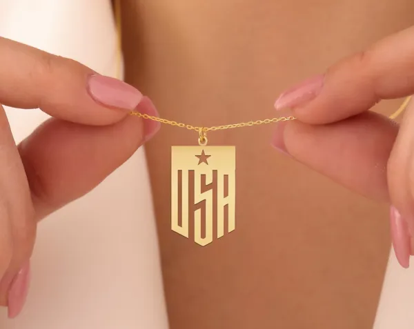 USA Necklace: Gold Plated USA Pendant Necklace in Sterling Silver