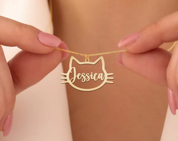 Custom Cat Name Necklace: Personalized Kitty Face Pendant in Script