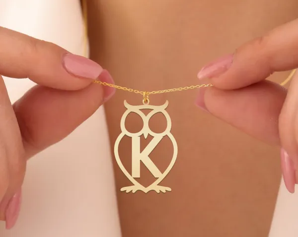 Personalized Owl Initial Necklace in 925 Sterling Silver