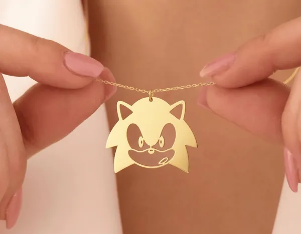Sonic Face Pendant: Gold Plated Cartoon Character Necklace