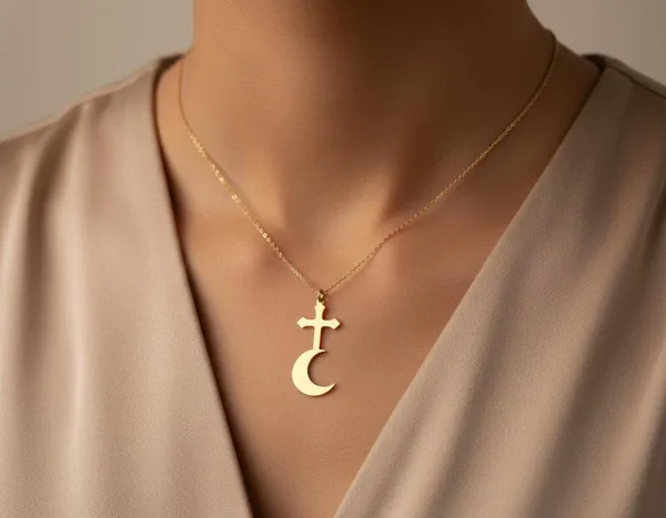 Cross and Crescent Moon Necklace – Gold Plated Faith Pendant