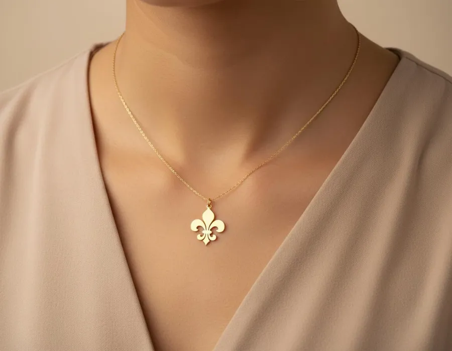 Fleur de Lis Pendant Necklace in Gold Finish Sterling Silver