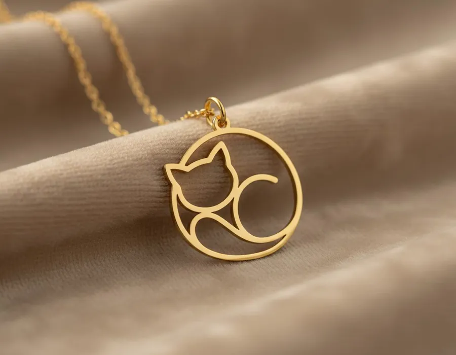 Cat Pendant Necklace: Minimalist Sleeping Cat in Gold Plated Silver