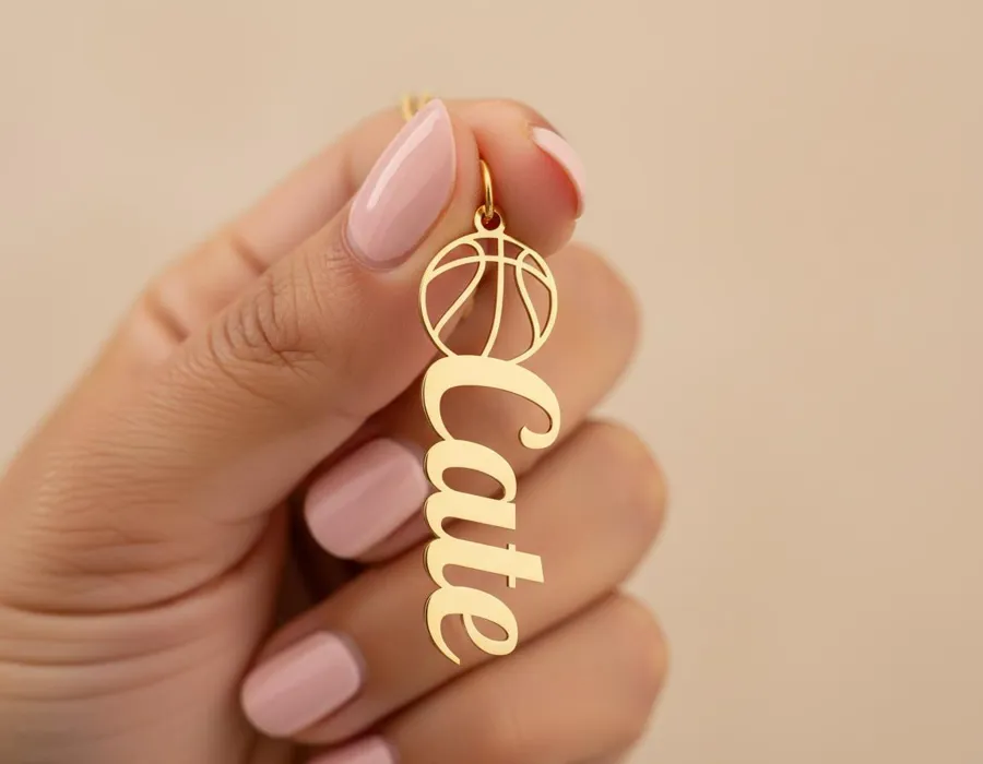 Personalized Basketball Name Necklace in Gold Finish