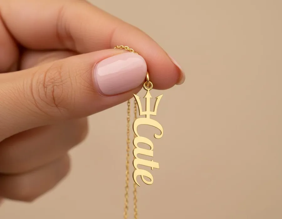 Trident Name Necklace: Personalized Gold Plated Pendant