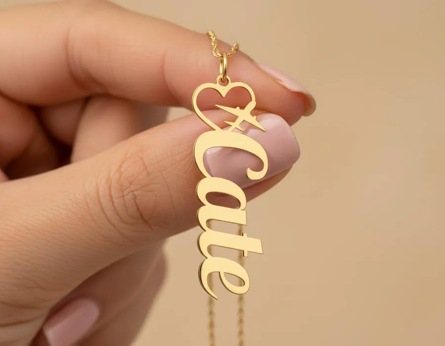 Travel Name Necklace: Custom Heart Airplane Pendant in Sterling Silver