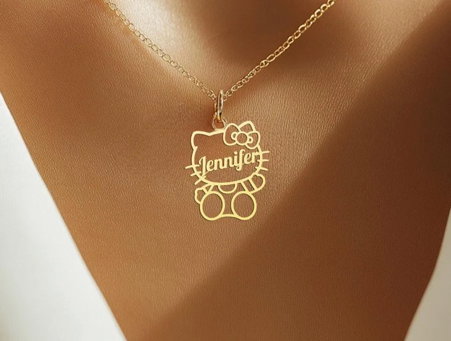 Personalized Kitty Name Necklace with Cat Bow Pendant in Sterling Silver