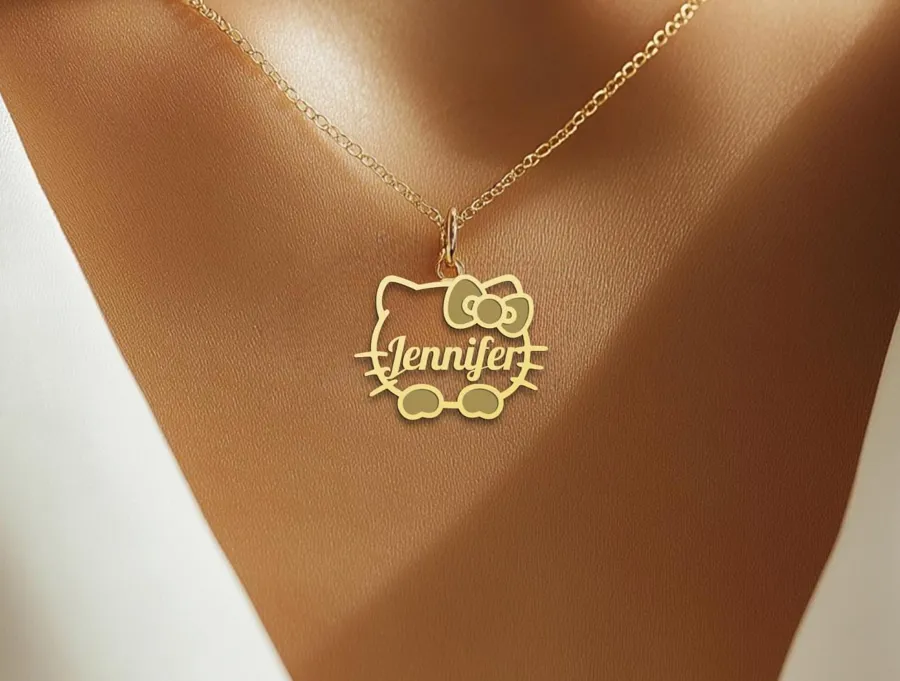 Custom Kitty Name Necklace with Cute Cat Bow Charm