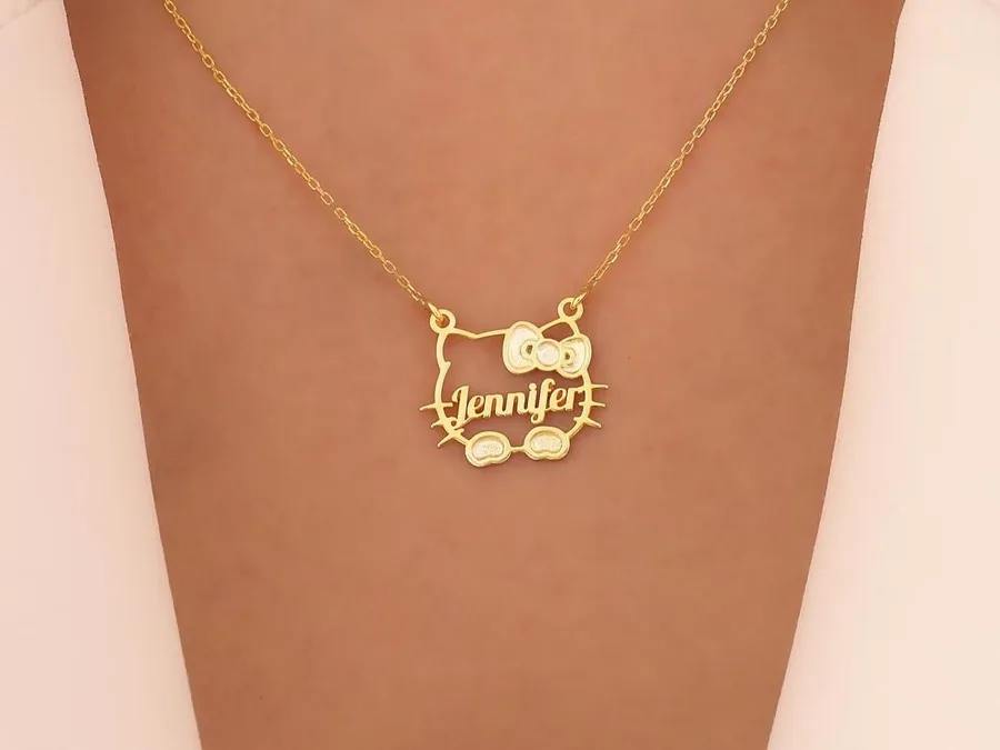 Custom Kitty Name Necklace with Bow – 925 Sterling Silver Cat Jewelry