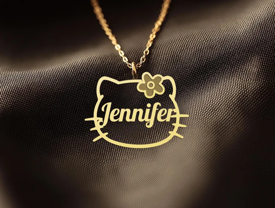 Kitty Flower Name Necklace - Personalized Cat Pendant in Sterling Silver