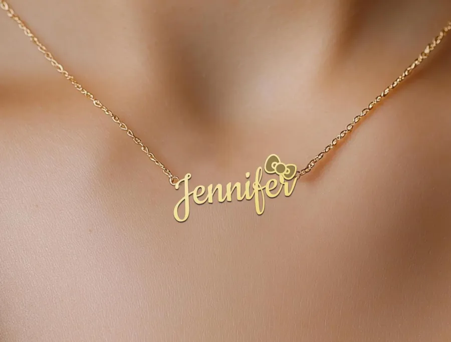 Personalized Name Necklace with Bow – Custom Gold Plated Pendant