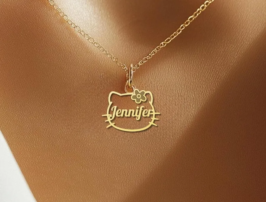 Kitty Floral Name Necklace – Personalized Cat Jewelry in Sterling Silver