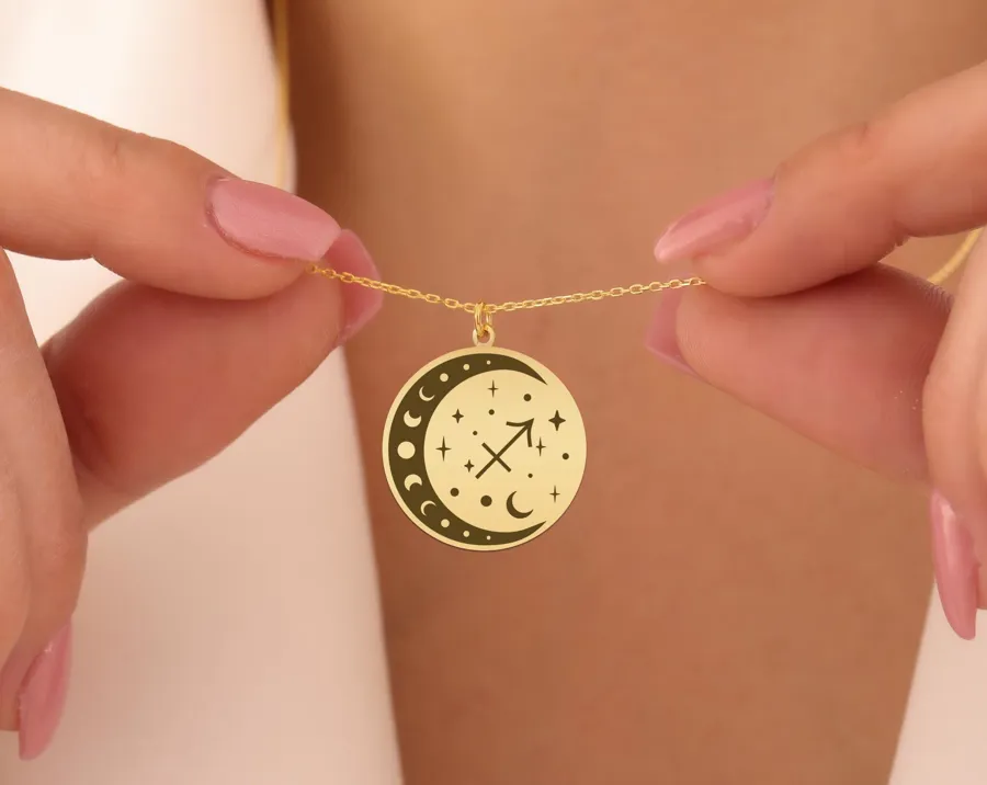 Sagittarius Zodiac Moon Necklace – Celestial Star Sign Pendant
