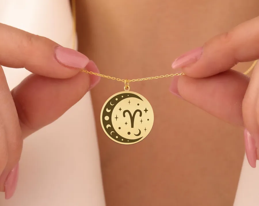 Aries Zodiac Moon Necklace: Celestial Gold-Plated Pendant