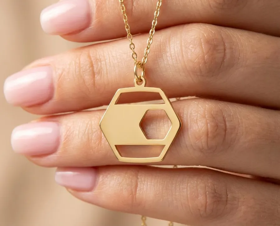 Honeycomb Necklace: Gold Plated Geometric Bee Pendant in 925 Sterling Silver