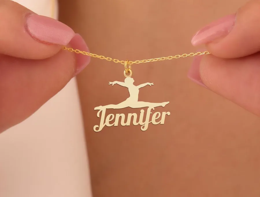 Personalized Ballerina and Gymnastics Necklace with Name in Sterling Silver