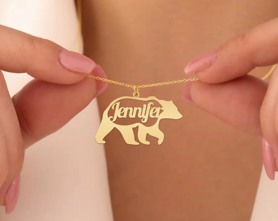 Bear Name Necklace: Personalized Animal Pendant in Gold Plated Silver