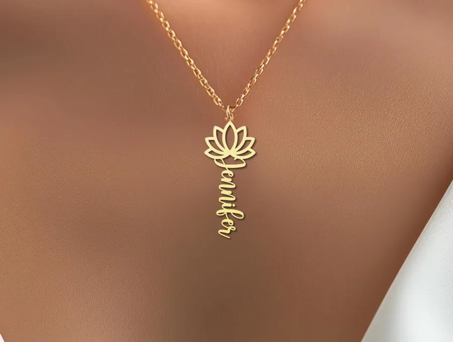 Custom Name Necklace with Lotus Charm – Personalized Yoga Jewelry